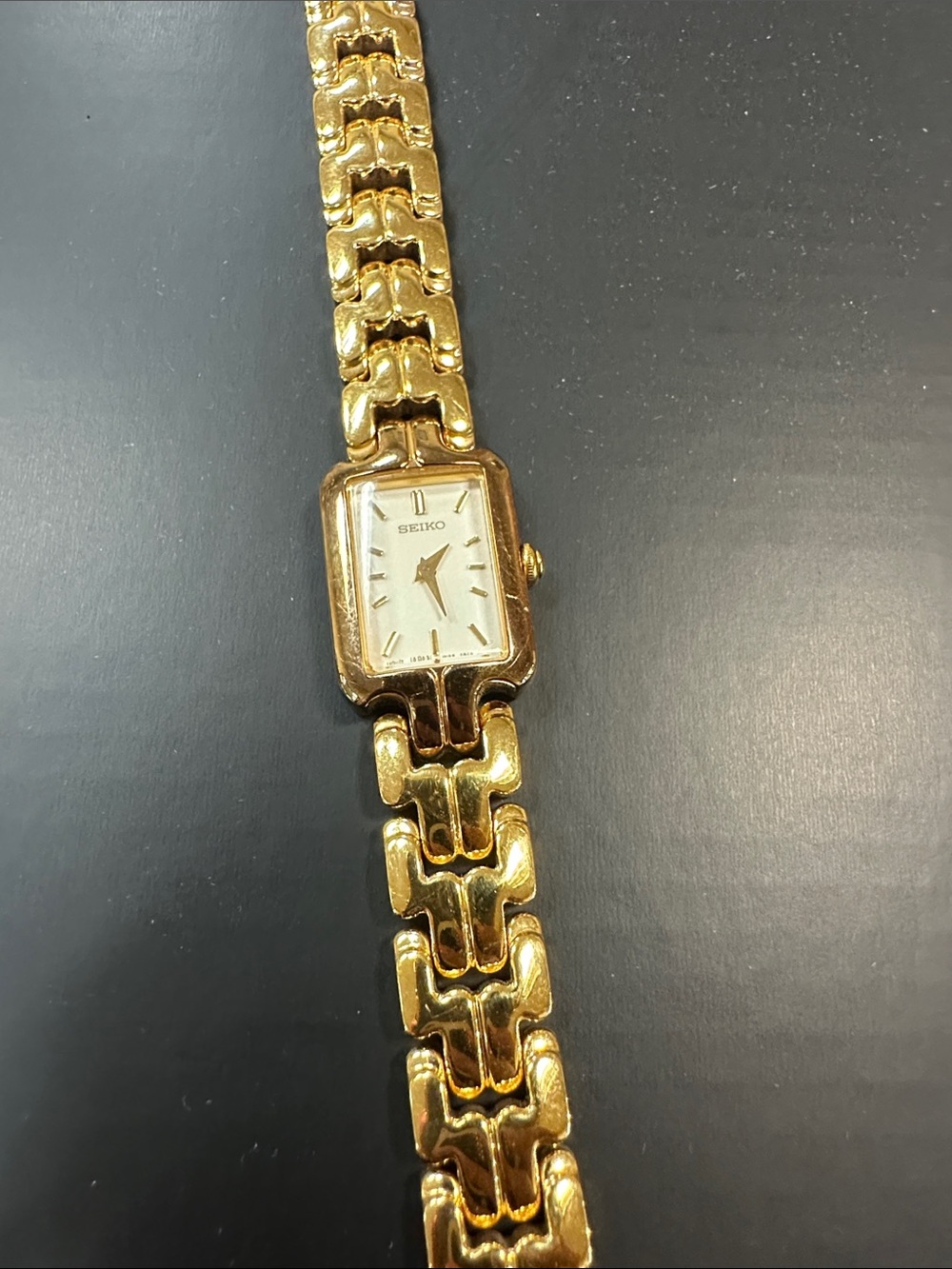 Seiko Women's Gold Link Bracelet Watch with Rectangular Dial